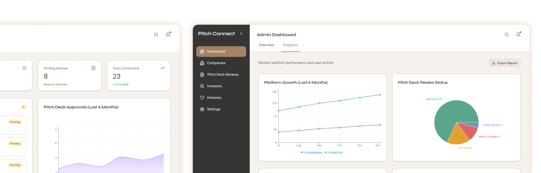 Pitch Connect platform designs across investor and company experiences