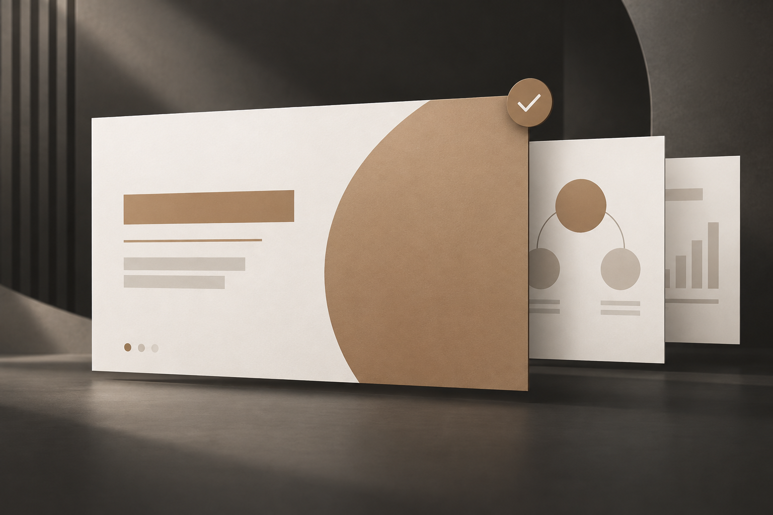 Editorial artwork showing a startup pitch deck with a review check